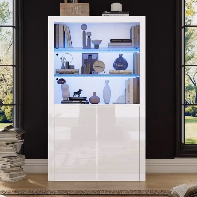 Matteo High Gloss Display Cabinet with Integrated LED Lighting and Glass Doors in White, Height: 100 cm