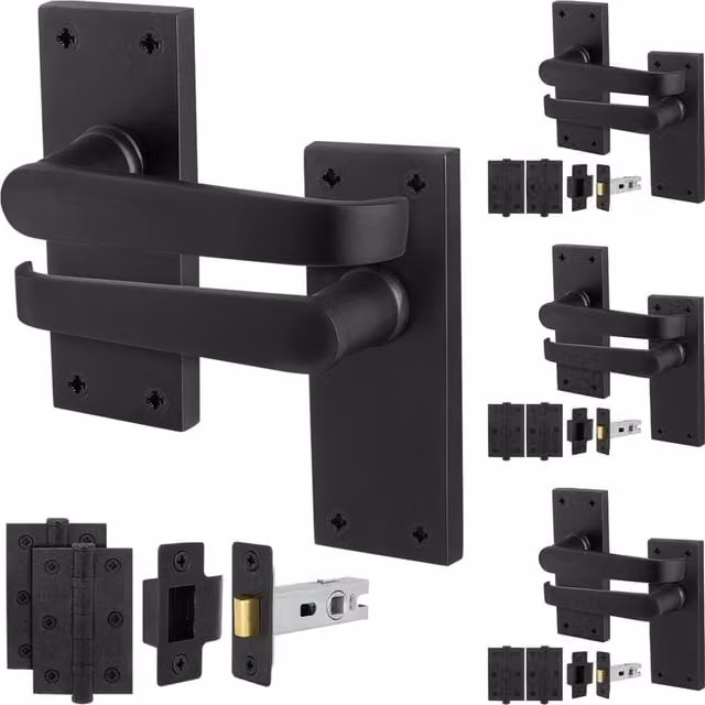 AFIT Matt Black Metal Long Backplate Door Handle and Latch Set, 4 Pairs