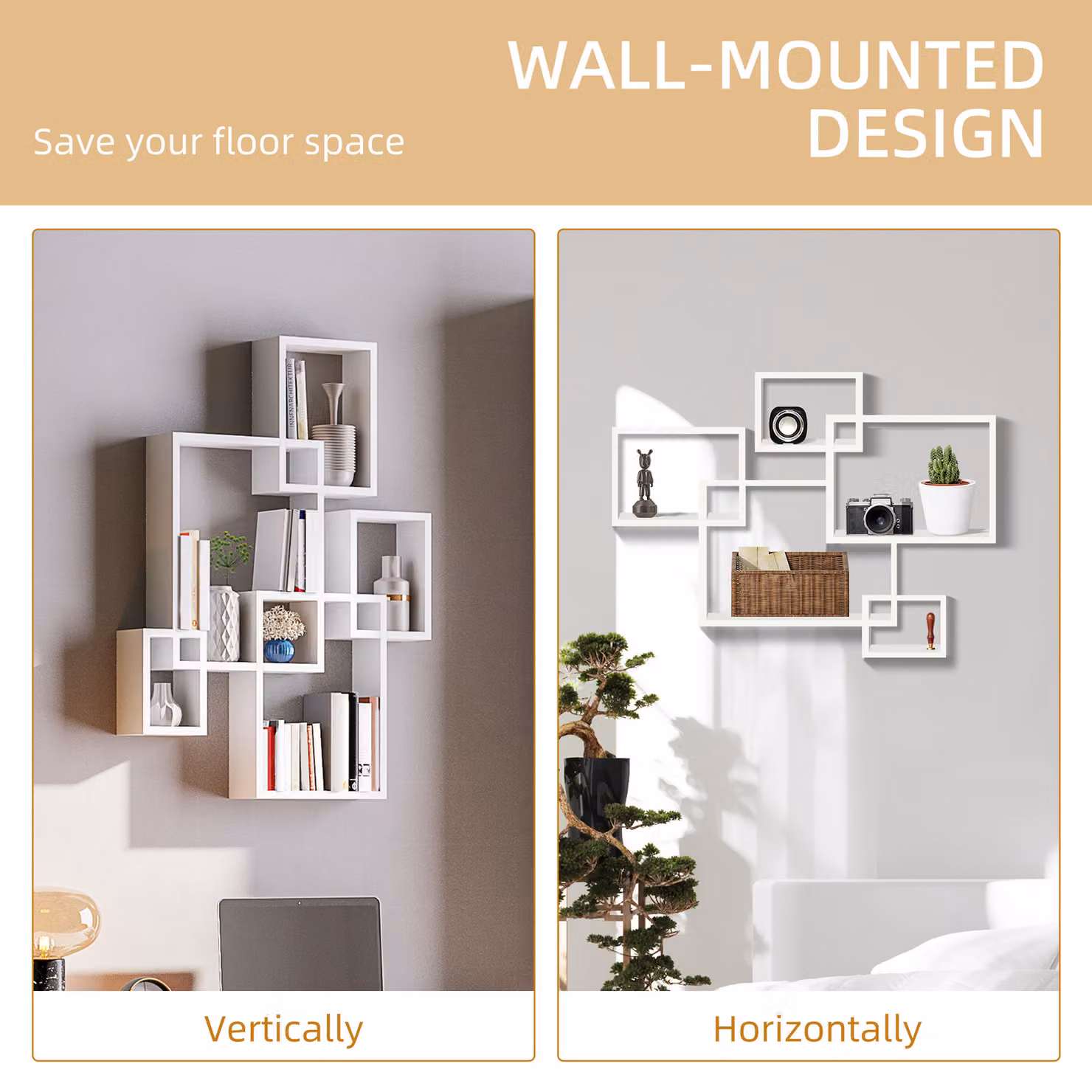 HOMCOM White Interlocking Cube Floating Shelves, Wall Mounted Minimalist Display Unit for Living Room, Bedroom, Hallway or Home Office – 2
