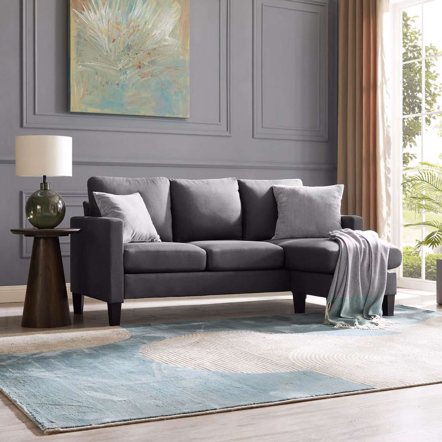 Home Detail Leah 3 Seater L-Shaped Fabric Sofa with Sleeping Function and Scatter Cushions, Grey, W/D/H: 188 x 125 x 86 cm – 3