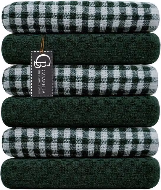 Casabella Set of 6 Checked Terry Tea Towels in Blue and Green