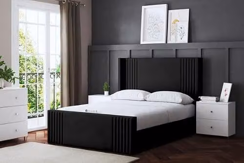 DS Living Elara Winged Black Velvet Panel Ottoman Bed with Headboard, W/D/H: 150 x 200 cm – 1