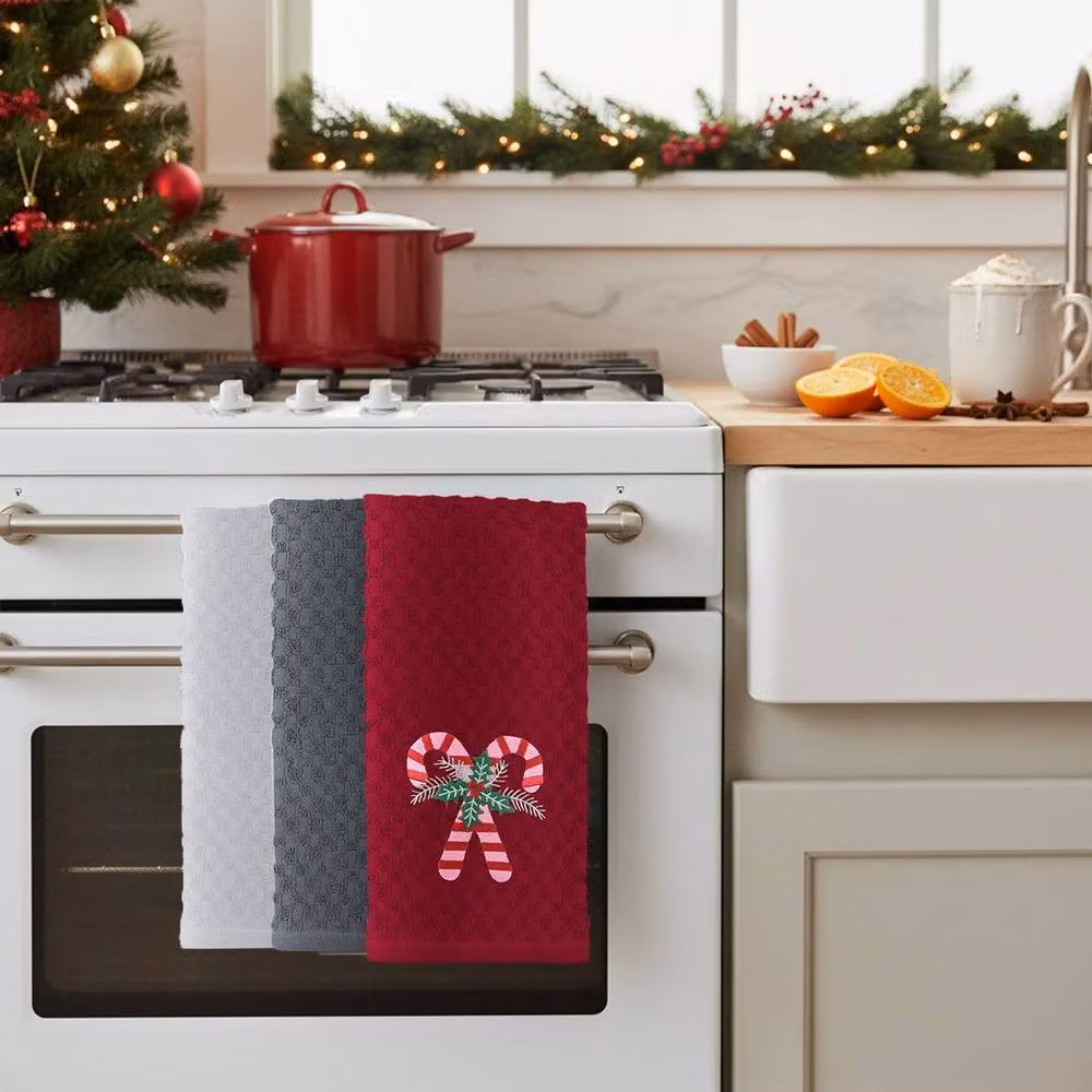Velosso Red Cotton Christmas Embroidered Tea Towels with Candy Canes, 3 Pack – 2