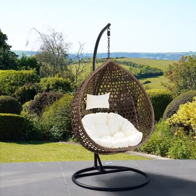 Artemis Home Sunbury Hanging Single Egg Pod Chair in Beige with Metal Stand and Rattan Design