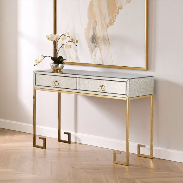 Orsina Art Deco Gold Finish Console Table with Two Drawers and Antique Glass, W/D/H: 120 x 40 x 78 cm