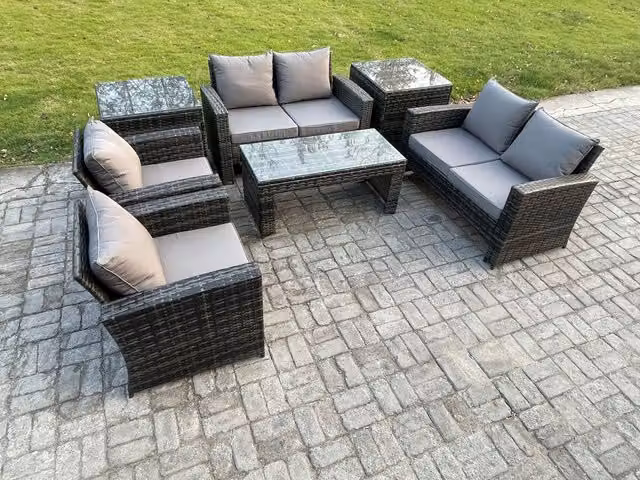 Fimous 6 Seater Dark Grey Rattan Garden Furniture Set with Coffee Table, Love Sofa and Armchairs