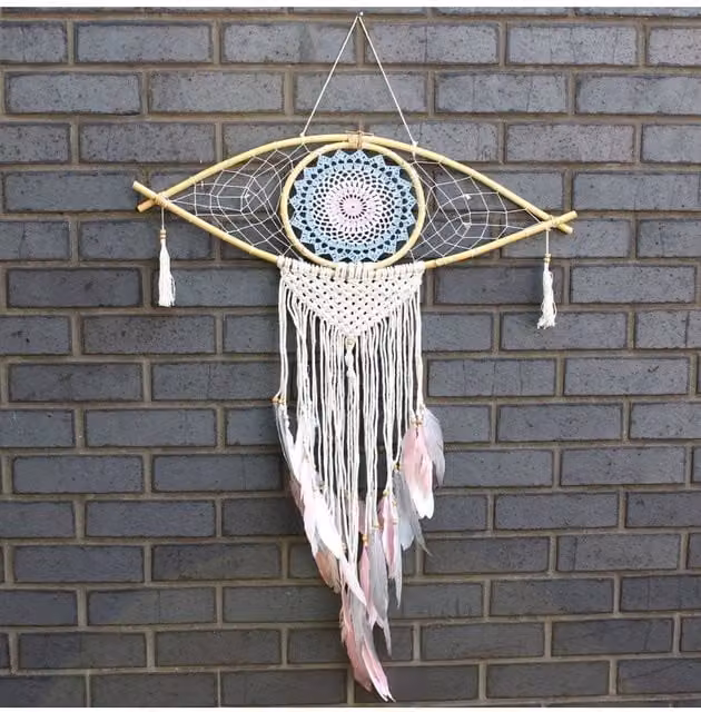 KDMD Large Boho Macrame Dream Catcher with Evil Eye in Blue, White and Pink – 1