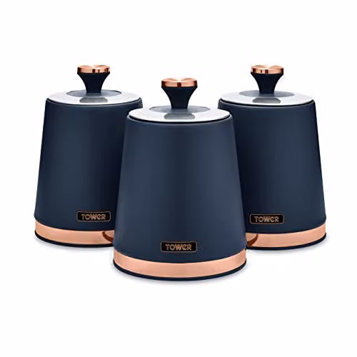 Tower Cavaletto Set of 3 Airtight Stainless Steel Storage Canisters for Tea, Coffee and Sugar, Blue and Rose Gold – 5