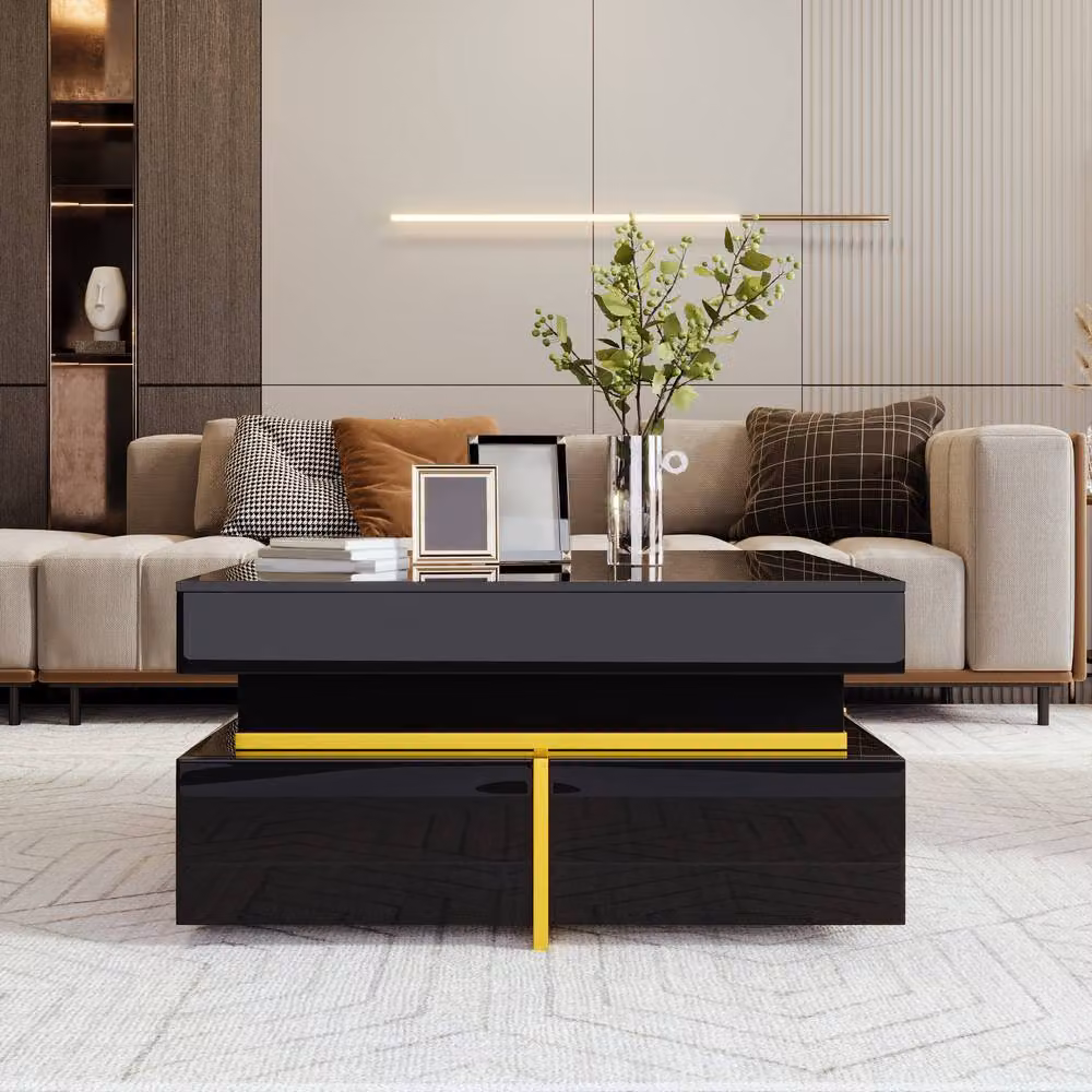 ModernLuxe Black and Gold Coffee Table with Drawers and Glossy Finish, W/D/H: 70 x 35.5 x 60 cm – 4