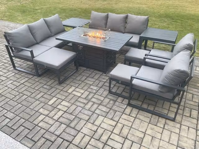 Fimous Aluminium Garden Furniture Set with Gas Fire Pit Dining Table, 3 Footstools and 2 Side Tables in Dark Grey