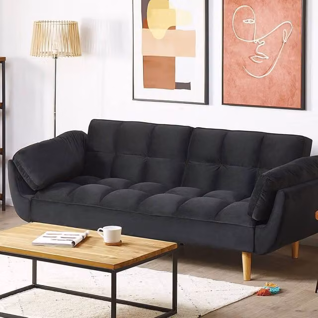 Wyld Haus Black Velvet 3 Seater Click Clack Sofa Bed with Rubberwood Legs
