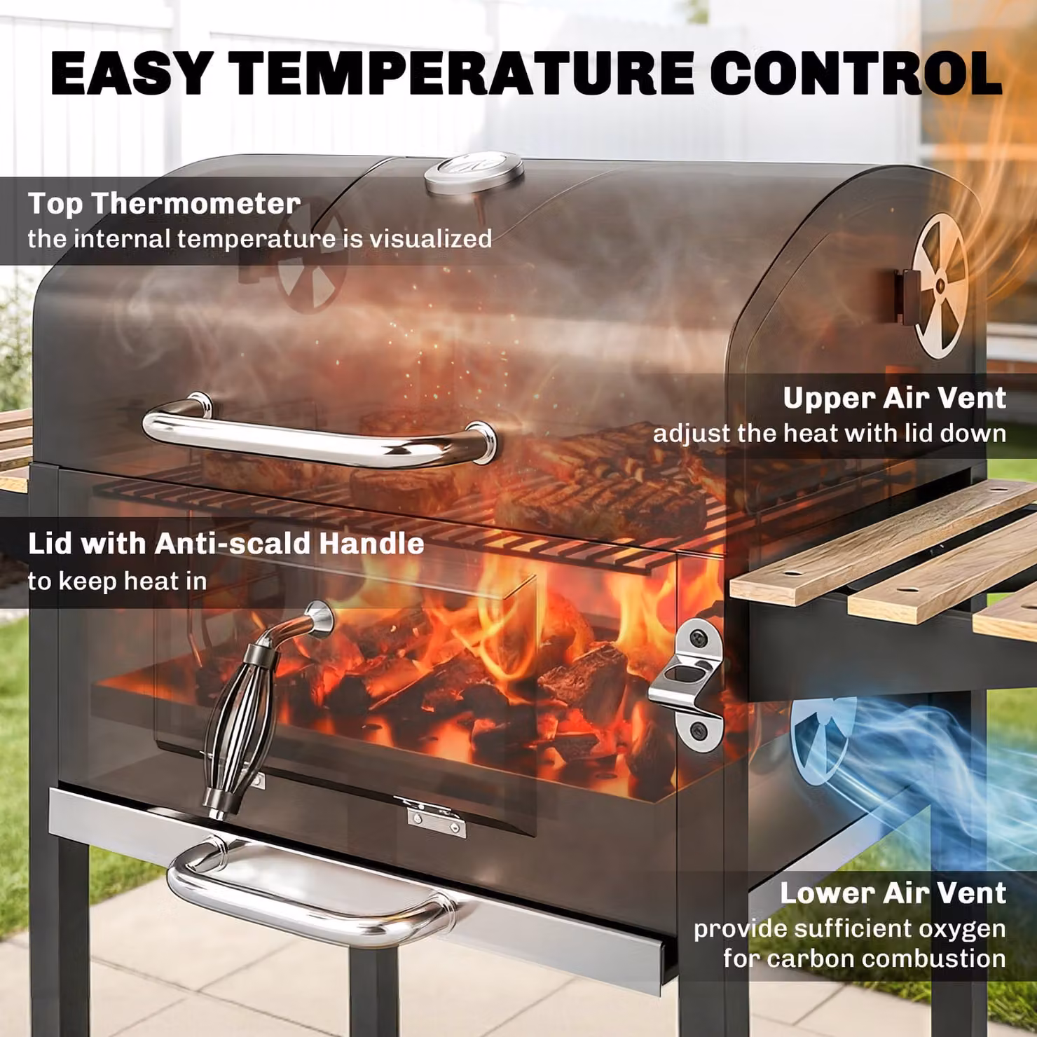 Outsunny Charcoal BBQ Grill with Height Adjustable Pan, Warming Rack, Thermometer and Wheels, Black/Grey, W/D/H: 107 x 58 x 112 cm – 6