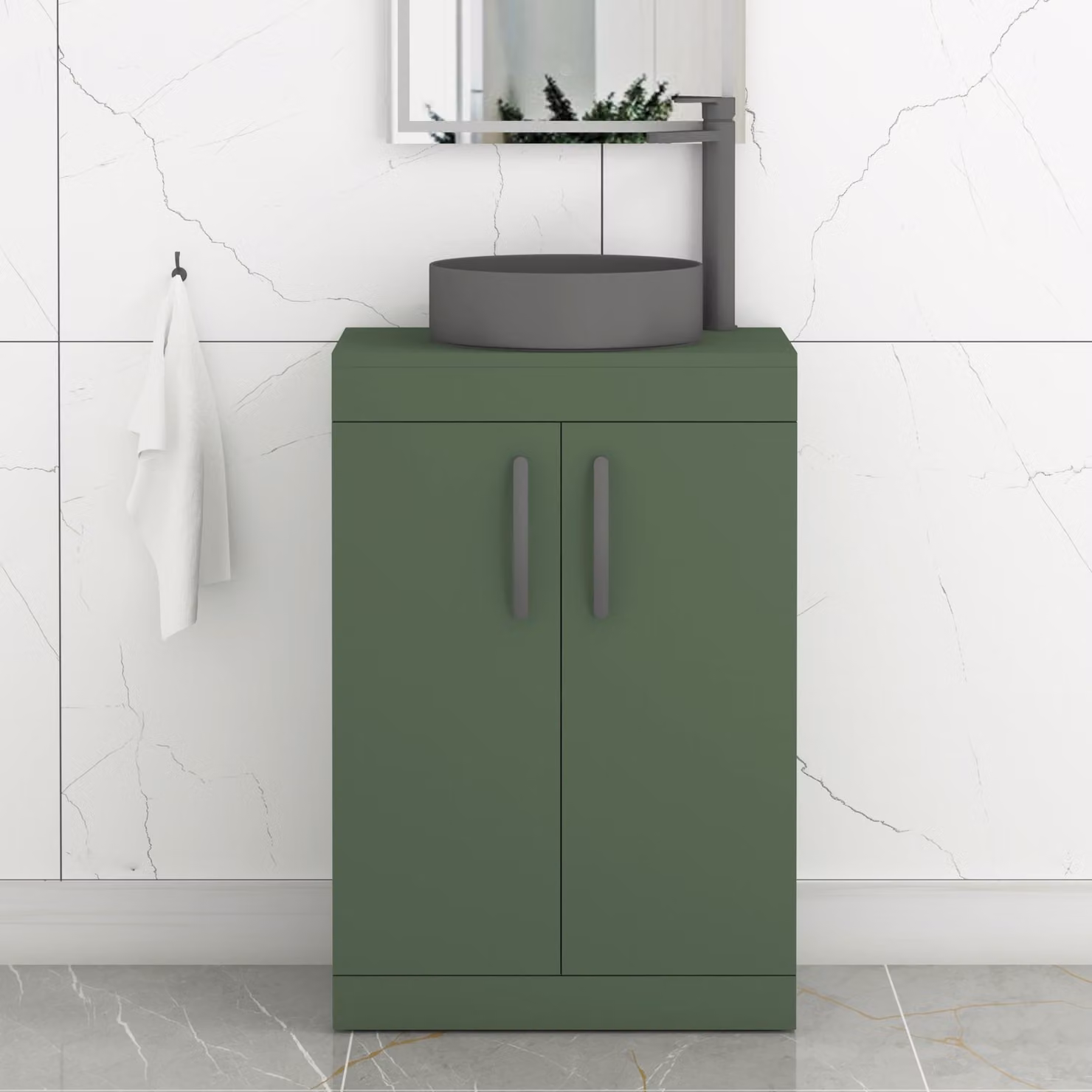 Royal Bathrooms Turin 800mm Floor Standing 2 Door Vanity Unit in Matt Green with Art Round Countertop Basin and Matt Black Handles