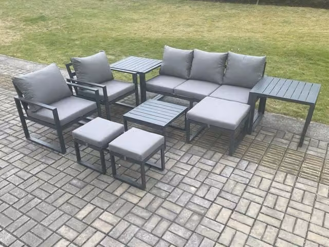 Fimous 8 Seater Aluminium Outdoor Lounge Sofa Set with Coffee Table and Ottomans in Dark Grey