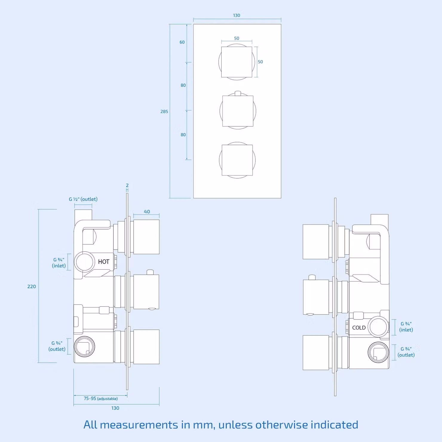 Nes Home Matt Black Square Concealed Thermostatic Shower with 3 Dials and 3 Outlets – 3