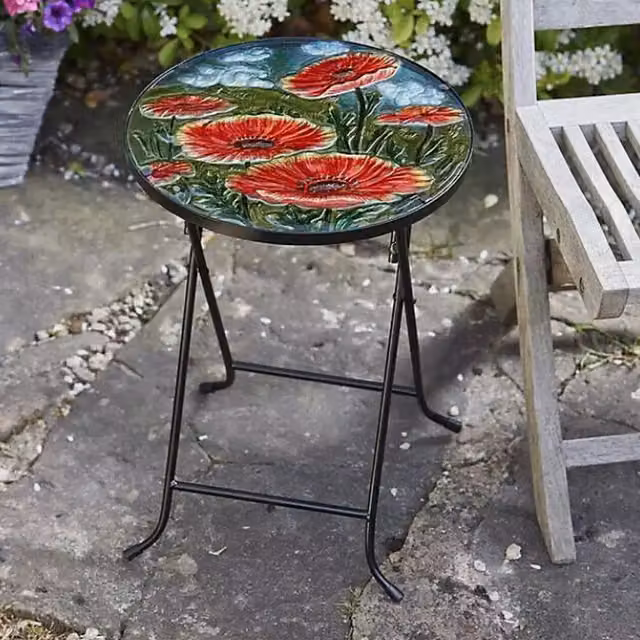 Garden Mile Large Round Glass Poppy Garden Table with Folding Top in Multicolour