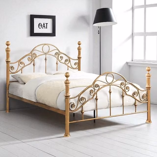 OAT Home Shabby Chic Metal Bed Frame in Gold, W/D/H: 140 x 200 cm