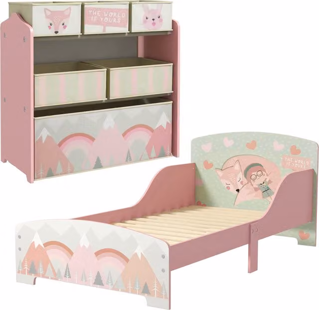 ZONEKIZ Toddler Bed Frame with Storage Shelf and 6 Fabric Bins, Pink