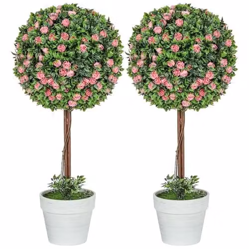 HOMCOM Set of 2 Pink Artificial Rose Ball Topiary Trees, Height: 60 cm