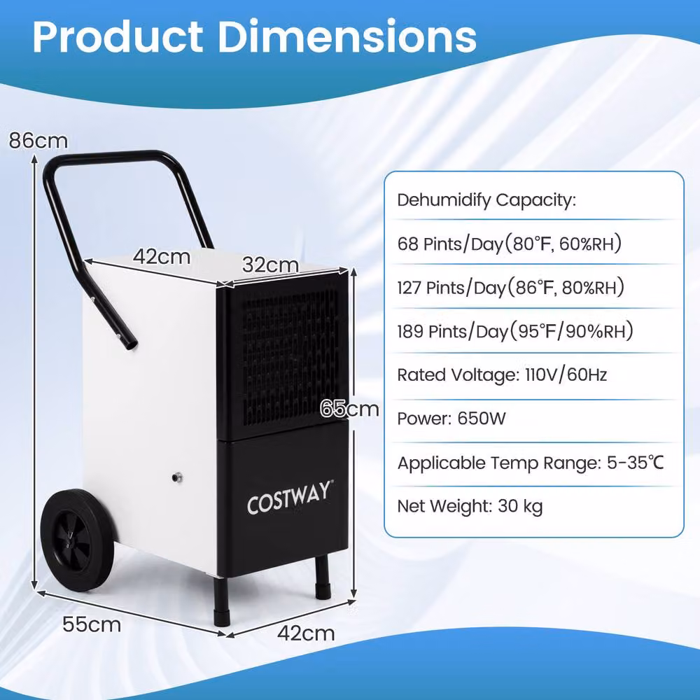 Costway Commercial Industrial Dehumidifier with Continuous Drain Hose, Black, 80L/Day – 2