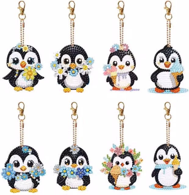 Syntego Pack of 8 Penguin Diamond Art Keyring Kits in Multicolour and Yellow
