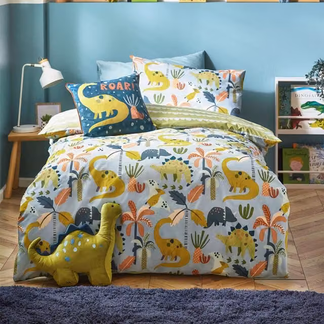 Little Dinos Scandi Childrens Animal Graphic Duvet Cover Set, Multicolour Blue Green Grey, 140 x 200 cm
