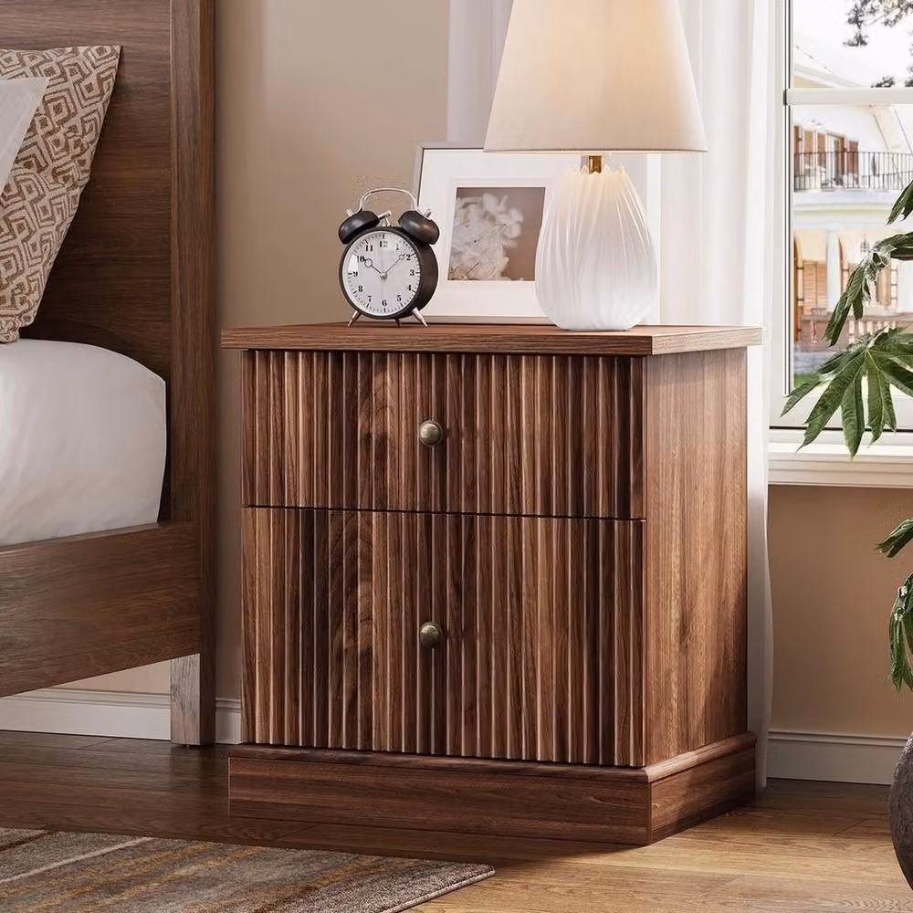 VOGREX Mid-Century Modern 2-Drawer Wooden Bedroom Bedside Cabinet in Brown – 2