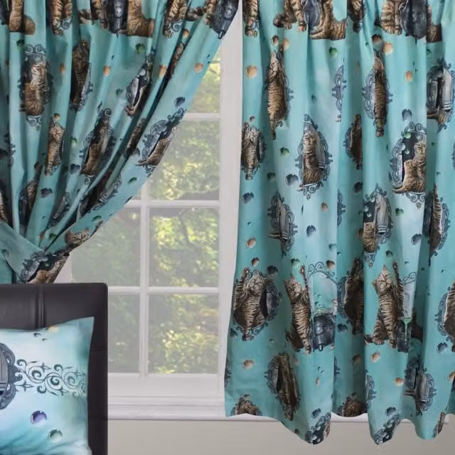Lisa Parker Hubble Bubble Curtains Pencil Pleat Fabric Panel Cauldron Cats in Green, Grey, Purple and Turquoise, Width: 167.64 cm, Height: 182.88 cm