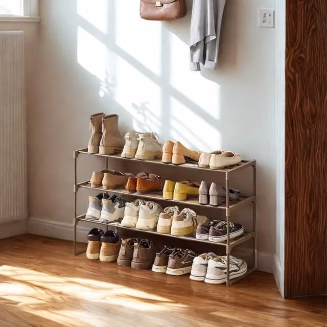 Pirlo Plush 3 Tier Metal Shoe Rack with Open Shelves in Walnut Brown