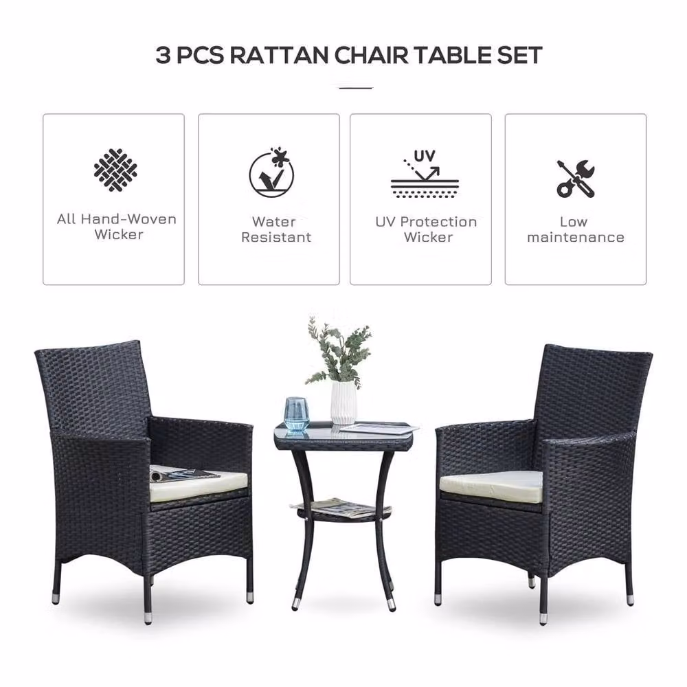 EONLION Black Rattan Bistro Set with Metal and Glass Table for Garden and Terrace, Width: 100 cm – 3