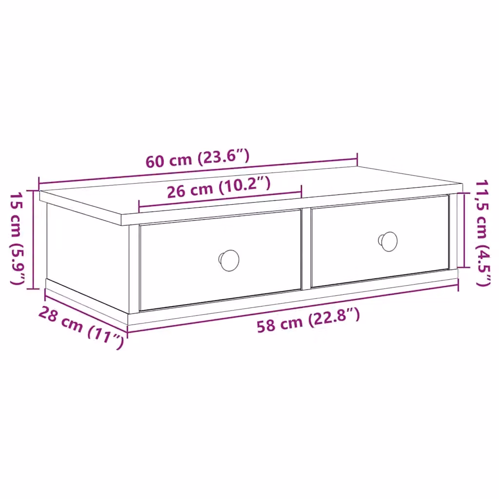 Berkfield Home Wall Shelf with Drawers in Black, W/D/H: 60 x 25 x 15 cm – 5