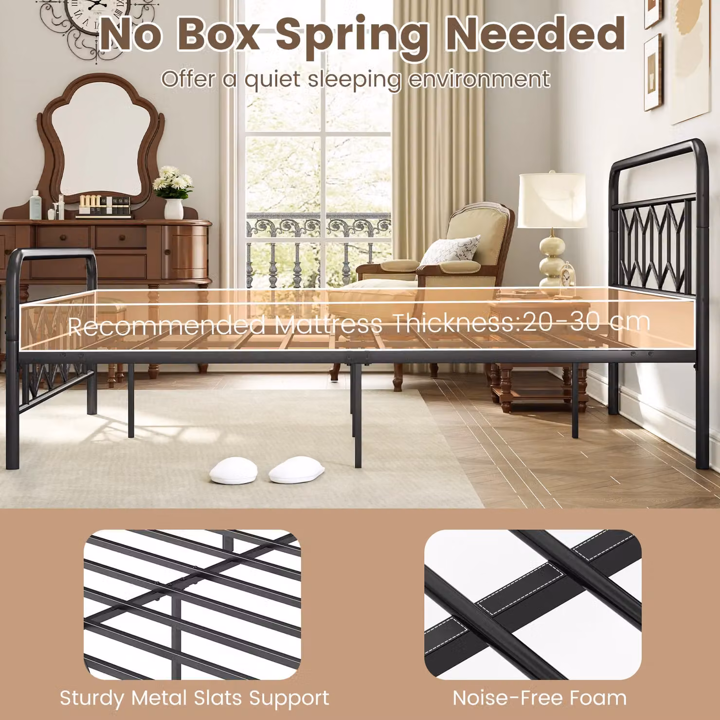 Gymax King Size Metal Platform Bed Frame with High Headboard, Black, 180 x 200 cm – 4