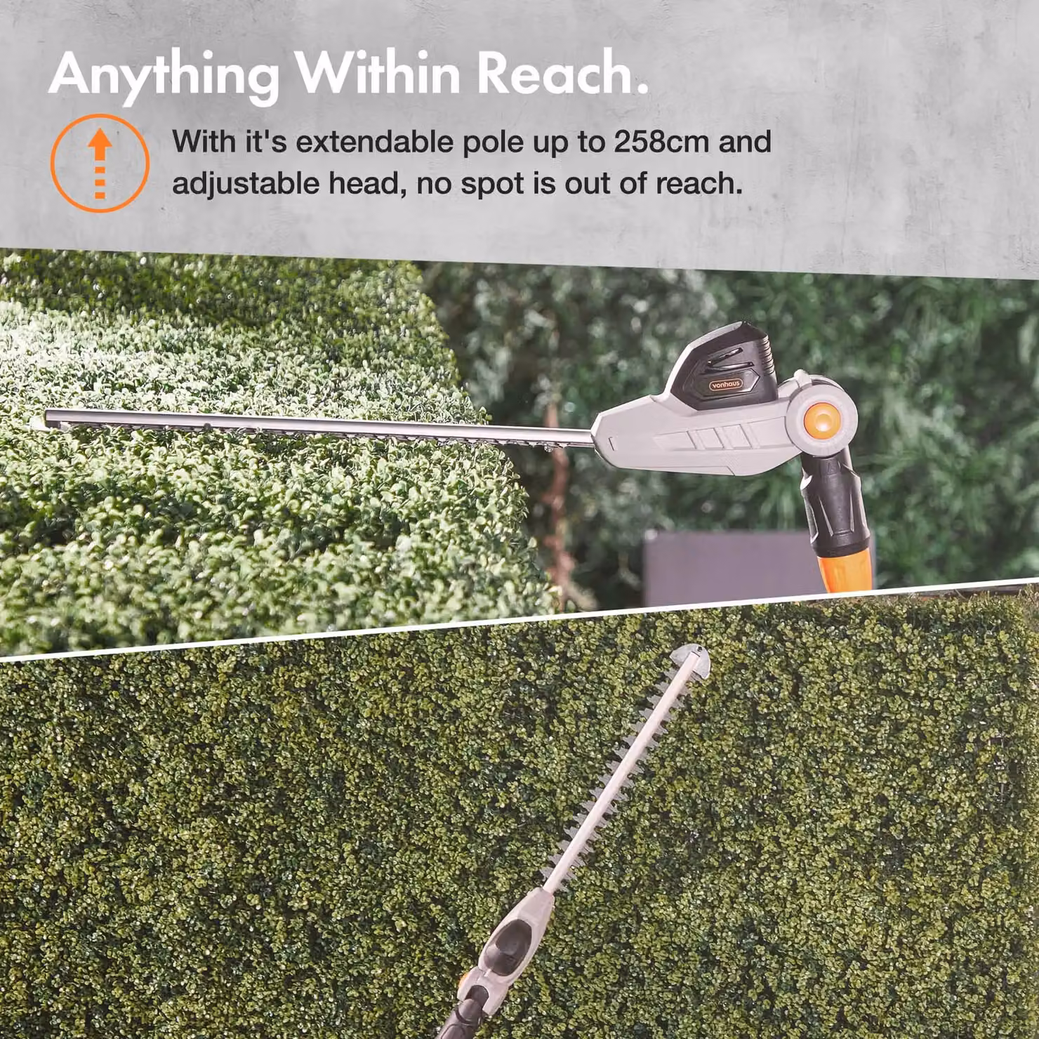 VonHaus 40V Cordless Reciprocating Pole Hedge Trimmer with Rechargeable Battery in Grey – 2