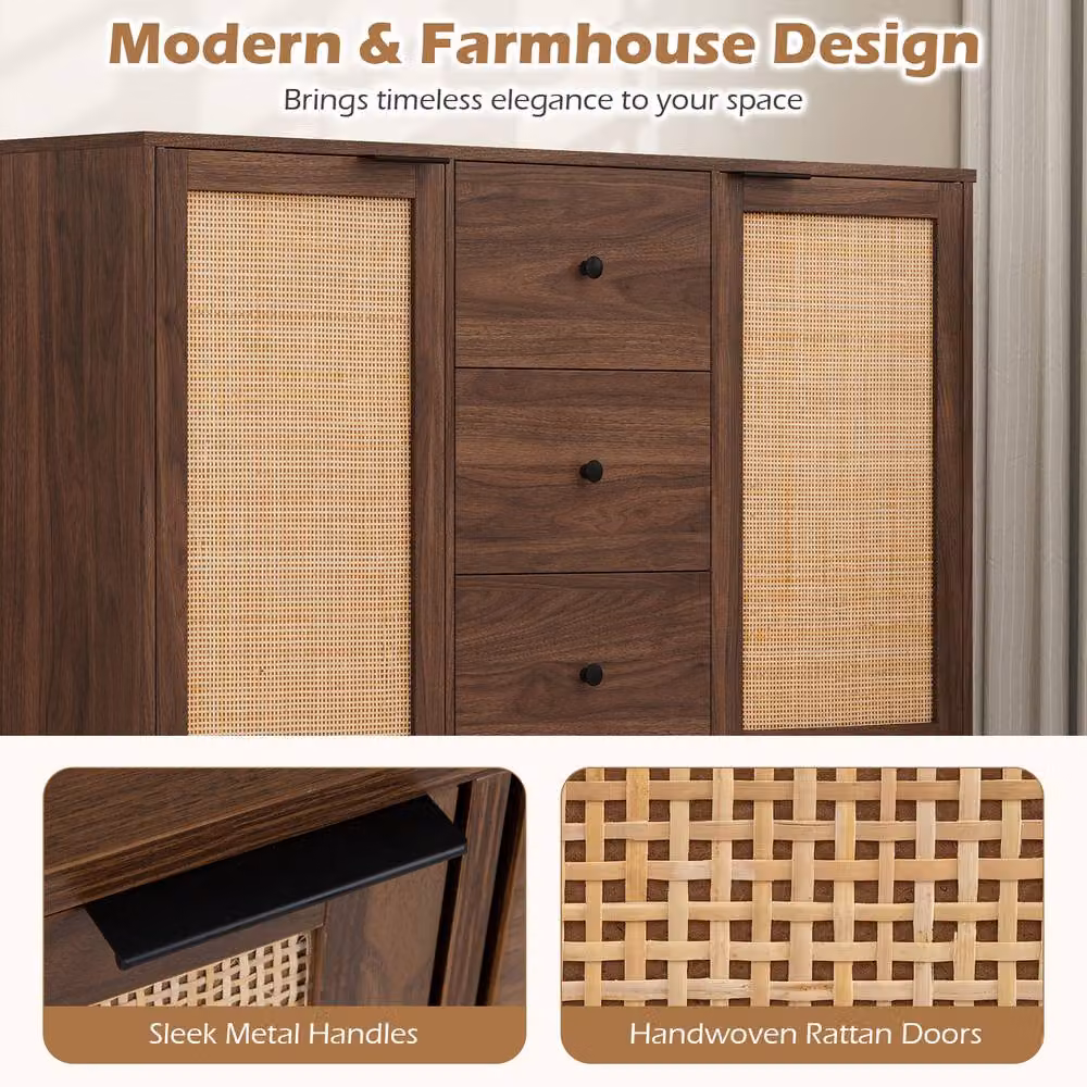 Costway Modern Brown Sideboard Buffet Cabinet and Coffee Bar Table with 2 Doors, 3 Drawers and Rattan Details, Width: 120 cm – 4