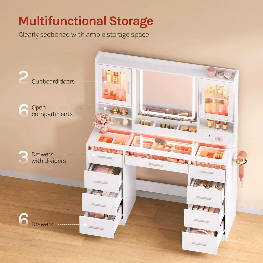 SPETLEK Modern White Dressing Table with Hollywood LED Mirror and 9 Drawers, W/D/H: 140 x 110 x 0 cm – 3