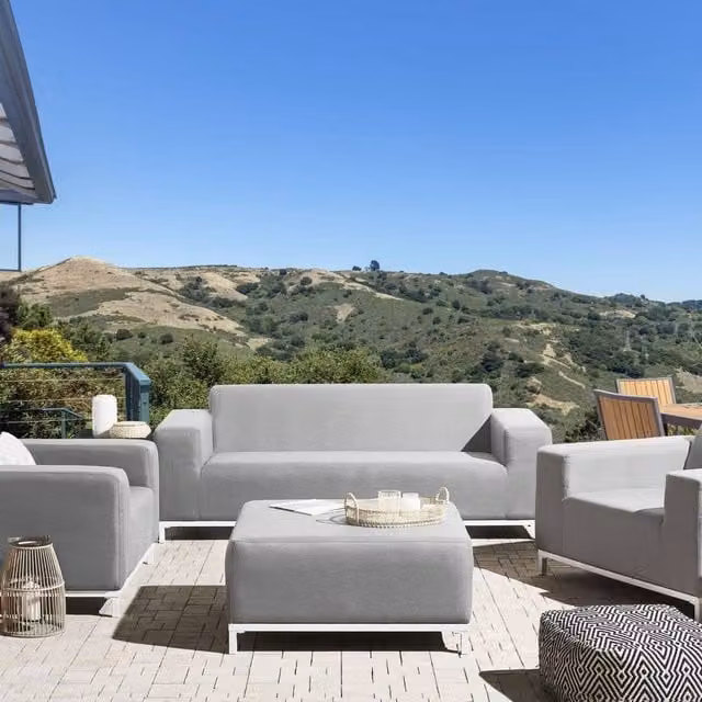 Wyld and Coco 5-Seater Outdoor Sofa Set with Grey Fabric Upholstery and Matching Ottoman – 1