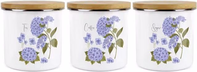 Purely Home Hydrangea Floral Tea, Coffee and Sugar Large Kitchen Canister Set of 3 in Purple and White