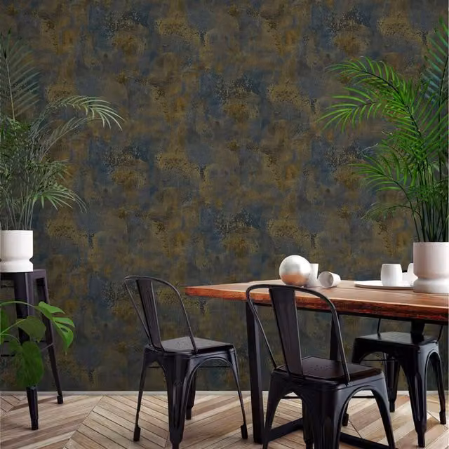 Grandeco Galvanised Metallic Textured Plaster Navy Blue Vinyl Wallpaper