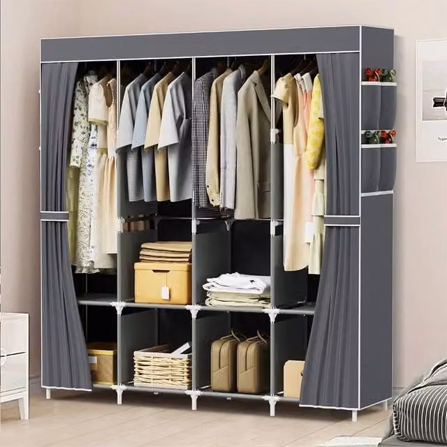 FORGEVIO Fabric Canvas Wardrobe with Hanging Rod and Internal Shelves, Grey, W/D/H: 45 x 45 x 170 cm – 1