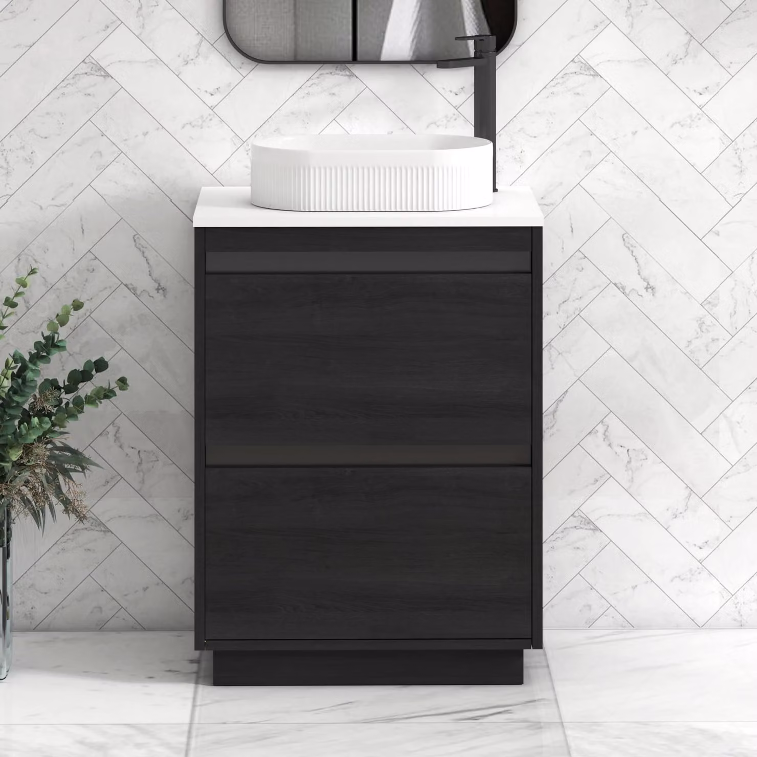 Royal Bathrooms Orion 600mm Hale Floor Standing Vanity Unit with Lyon Basin and 2 Drawers in Plain White and Black Accent Trim