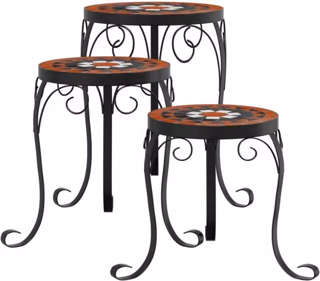 Berkfield Home Set of 3 Mediterranean Style Ceramic and Metal Plant Stands in Orange and White