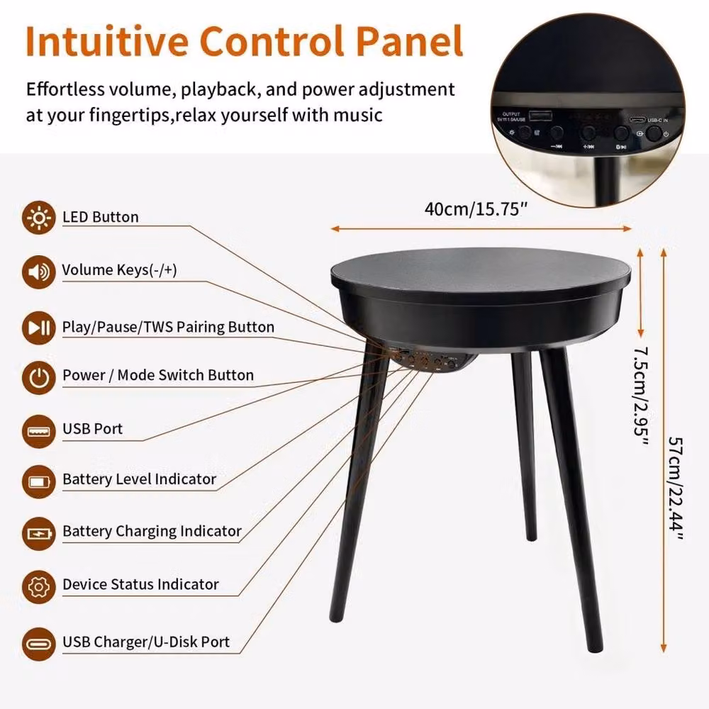 KORVIXA Black Carbon Fiber Smart Side Table with Bluetooth Speaker, W/D: 100 x 100 cm – 2