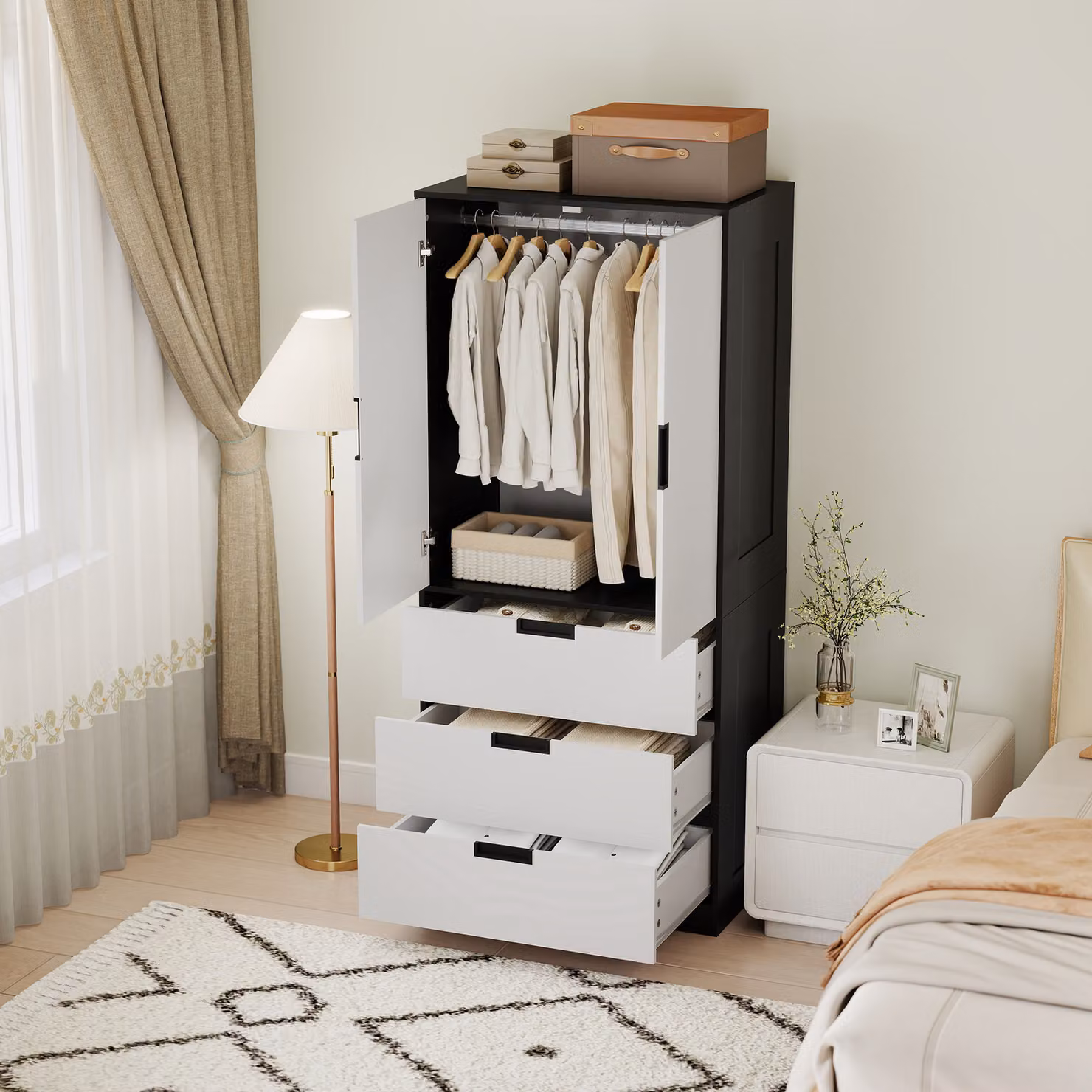 HOMCOM Modern Double-Door Wardrobe with 3 Internal Drawers and Hanging Rod in Black and White – 7