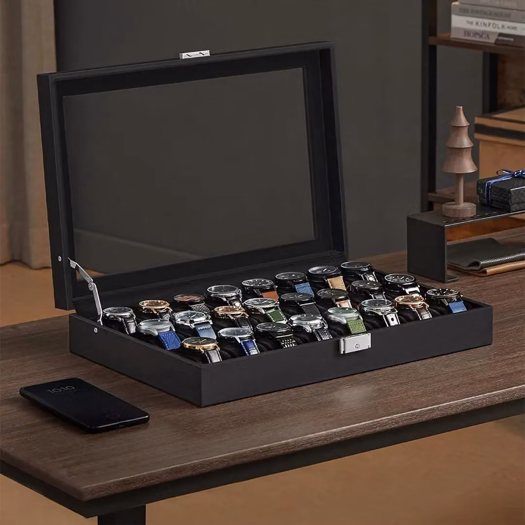SPETLEK 24 Grid Watch Display Box and Jewelry Storage Case with Glass Lid, Black – 5