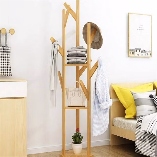 KORVIXA Bamboo Coat Hanger and Hall Storage Rack in Brown, W: 90 cm