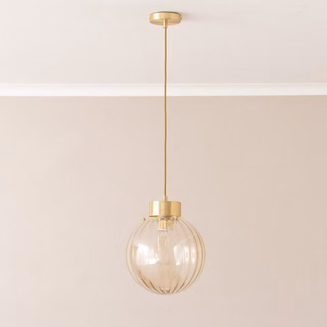 ValueLights Chessy Ribbed Glass Globe Capped Ceiling Pendant Light in Gold and Transparent Amber
