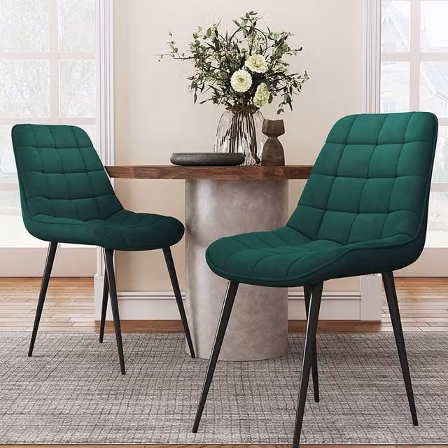 Livingandhome Set of 2 Modern Green Velvet Dining Chairs with Metal Legs