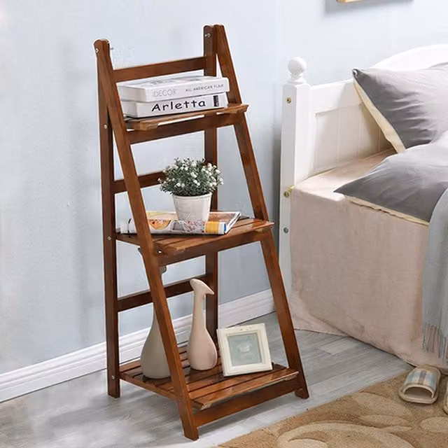 Livingandhome Wooden Folding Ladder Plant Stand Storage Shelf, Brown, Height: 107 cm