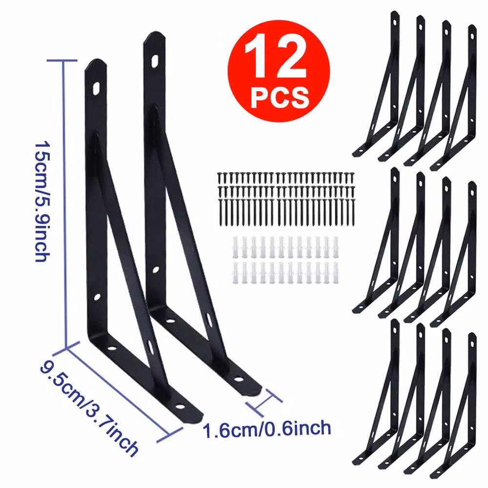 Ventryn 12 Piece Heavy Duty Matt Black Stainless Steel L Shaped Wall Mounted Shelf Brackets – 2
