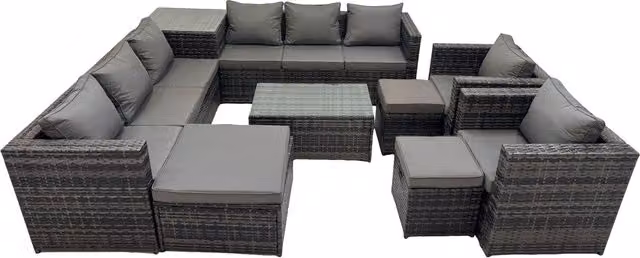 Fimous 11-Seater L-Shape Outdoor Rattan Corner Sofa Set with Ottoman, Coffee Table and Cushions, Dark Grey